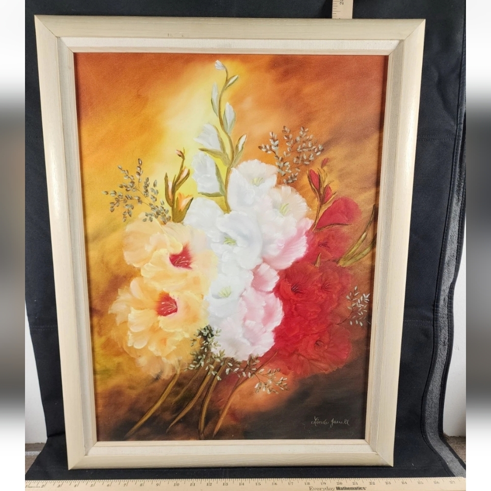 Vintage Oil On Canvas Painting Framed Signed Linda Jarrell Floral Still Life